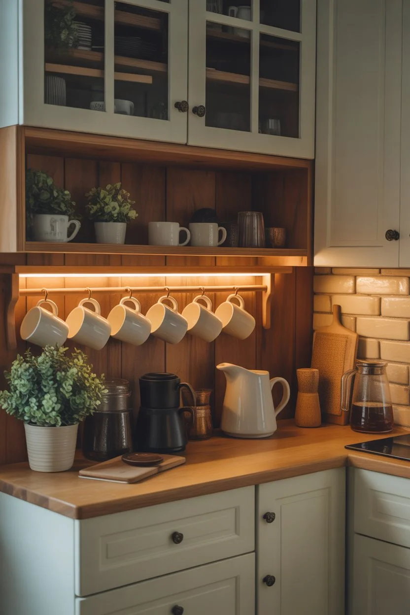 Farmhouse kitchen coffee station with wooden shelves and hanging mugs