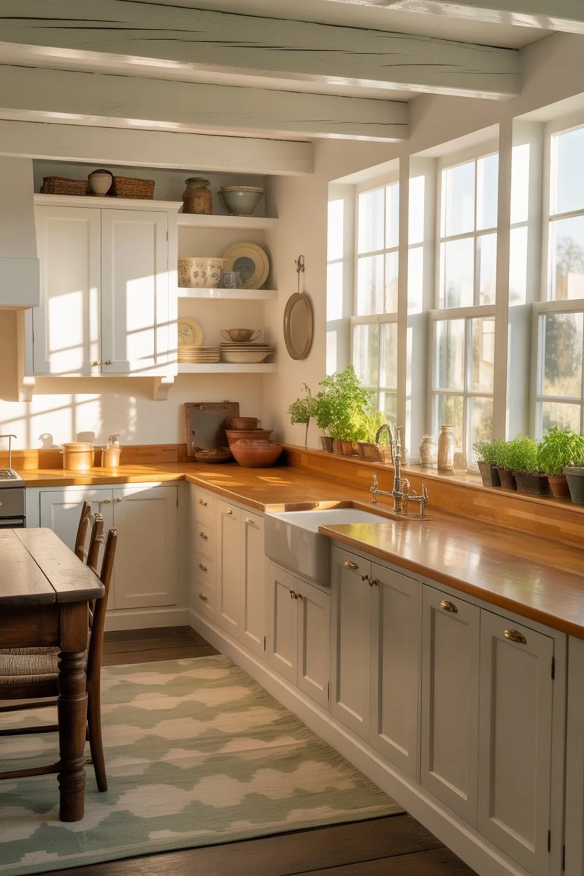 Bright farmhouse kitchen with wooden countertops and a rustic runner rug, adding warmth and charm to farmhouse kitchen interiors