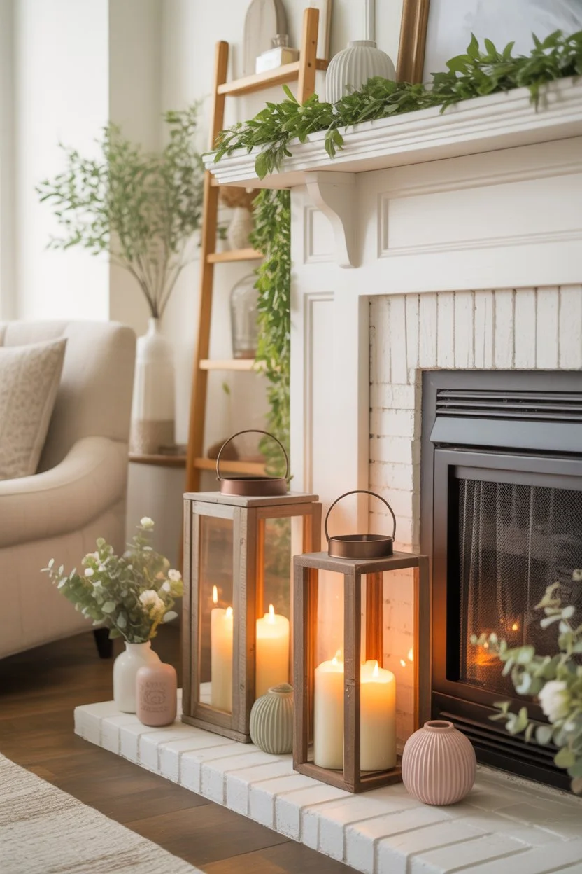 Rustic wooden lanterns with candles on a farmhouse spring mantel for a cozy and inviting fireplace look.