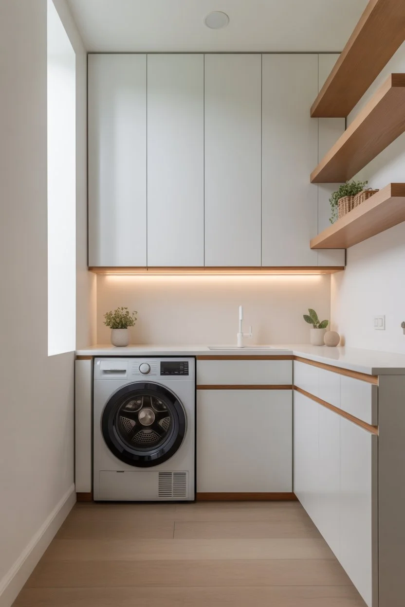 Floating wall mounted cabinets creating an open and modern small laundry room