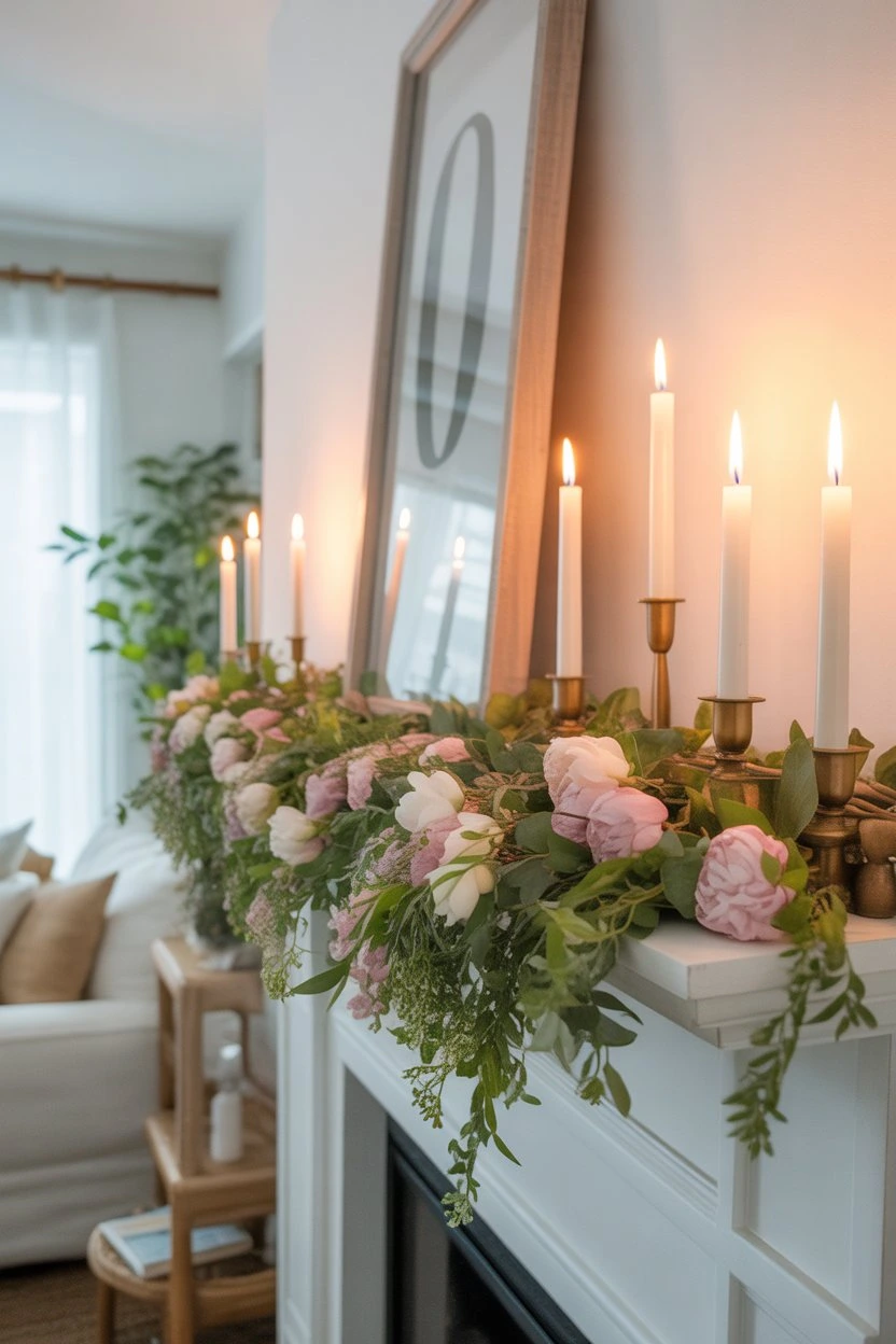 Spring mantel decorated with a floral garland and taper candles for a fresh and elegant fireplace look.