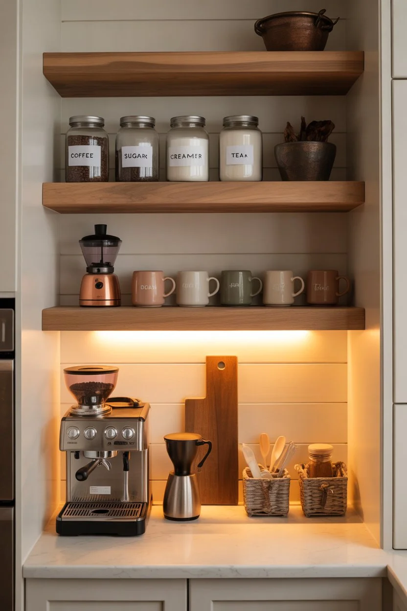 small kitchen coffee nook with shelves