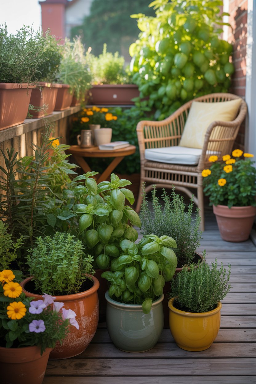 Mini herb garden with basil, mint, and thyme in colorful pots on a balcony.