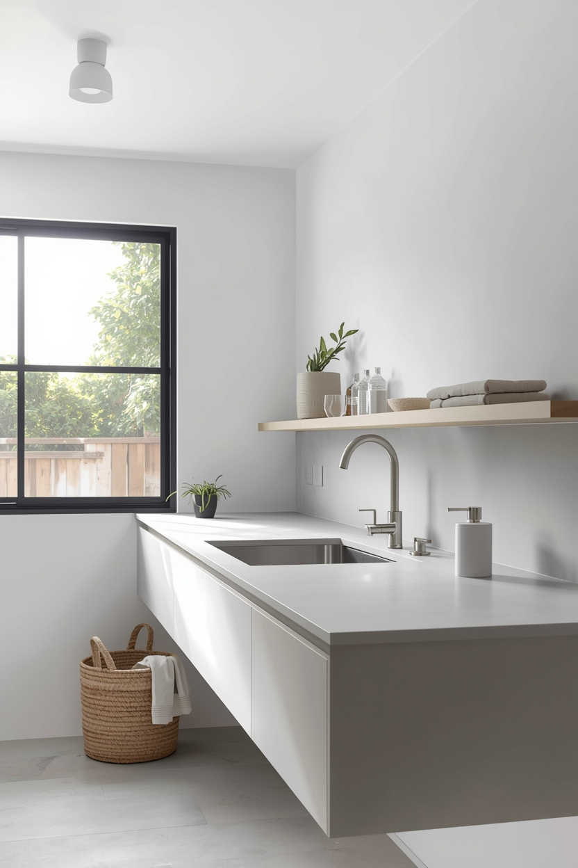 Compact laundry room with corner sink and open shelves
