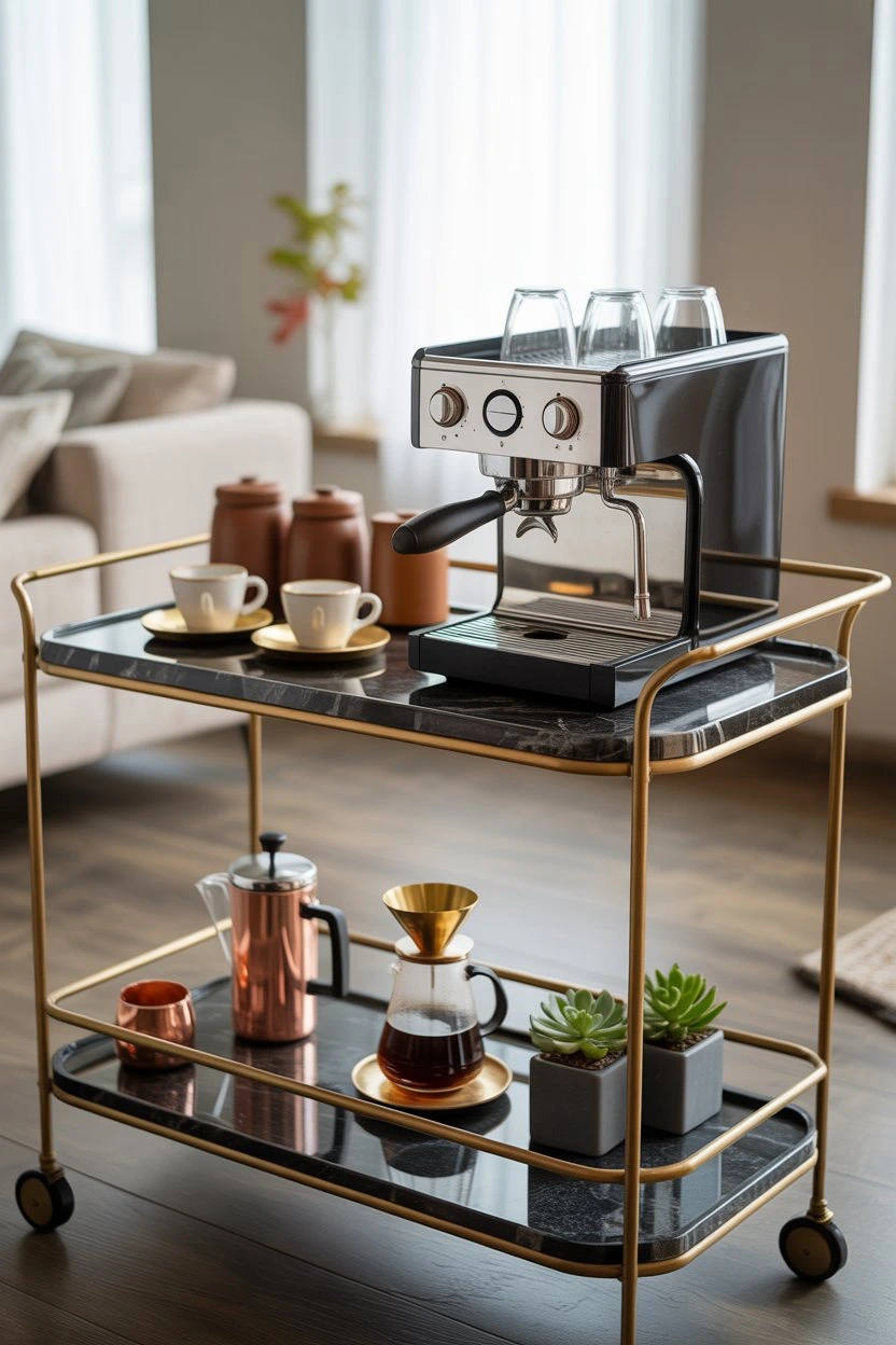 small kitchen coffee nook with shelves