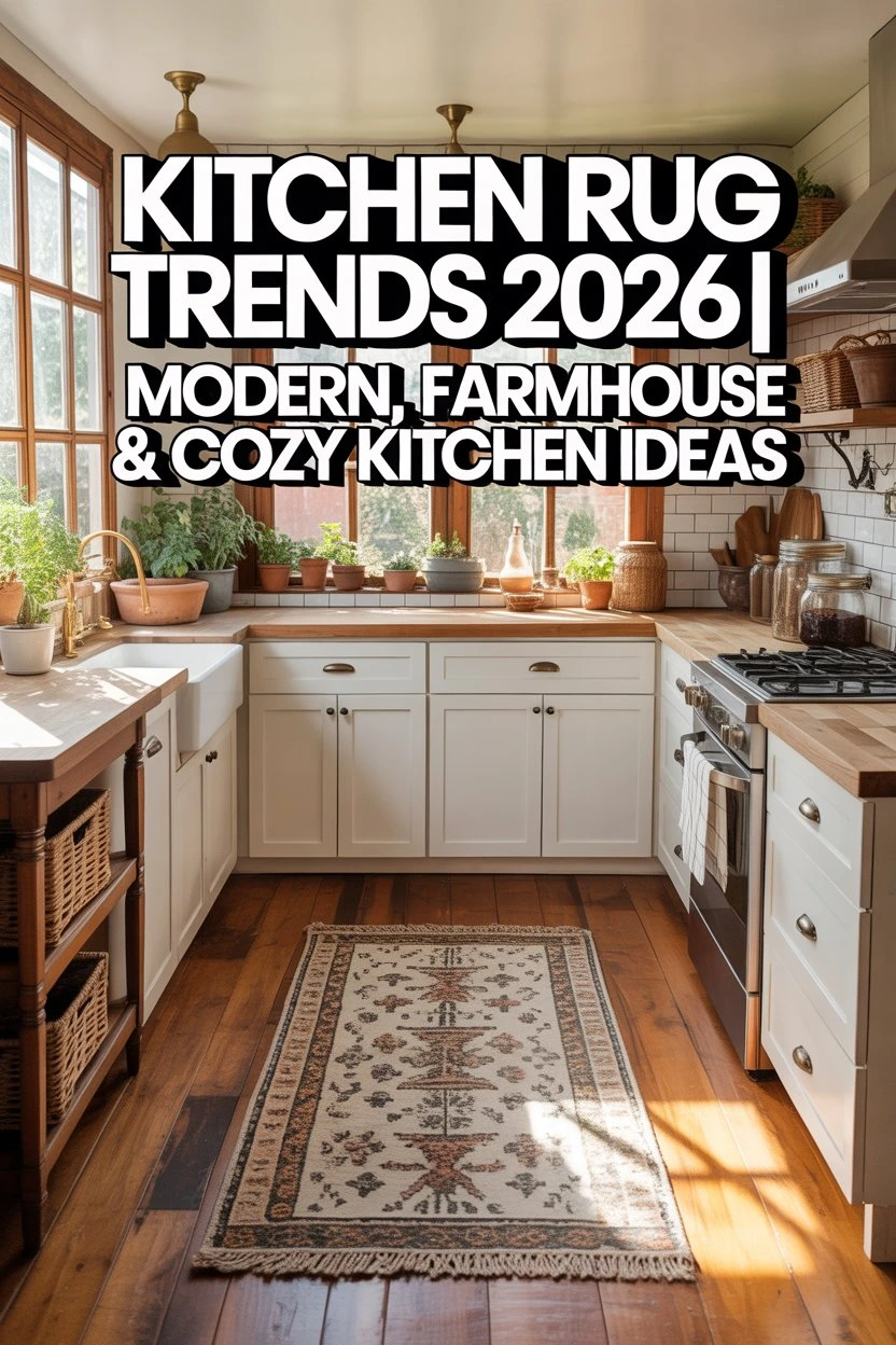 A bright and inviting modern farmhouse kitchen featuring a cozy rug, blending comfort, style, and kitchen rug trends 2026