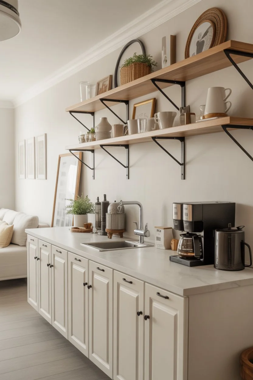Modern farmhouse coffee bar with white cabinetry and open shelves