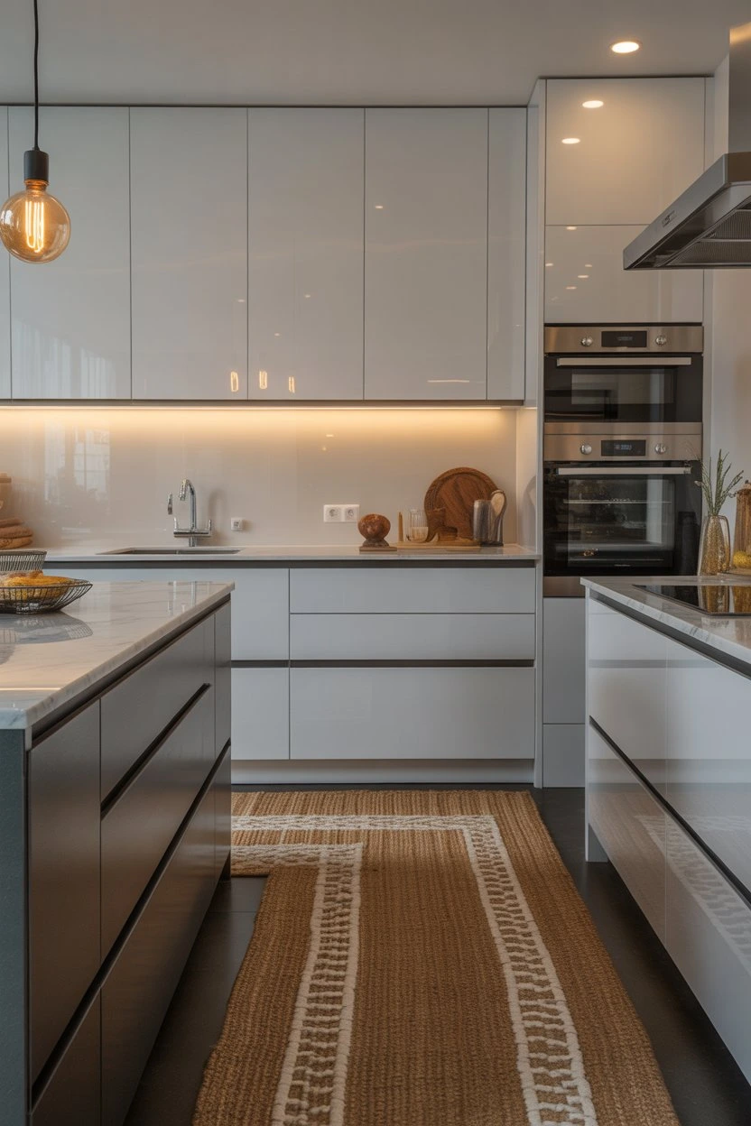 Contemporary glossy kitchen design paired with a natural jute runner rug, ideal for modern and minimal kitchen rug trends.