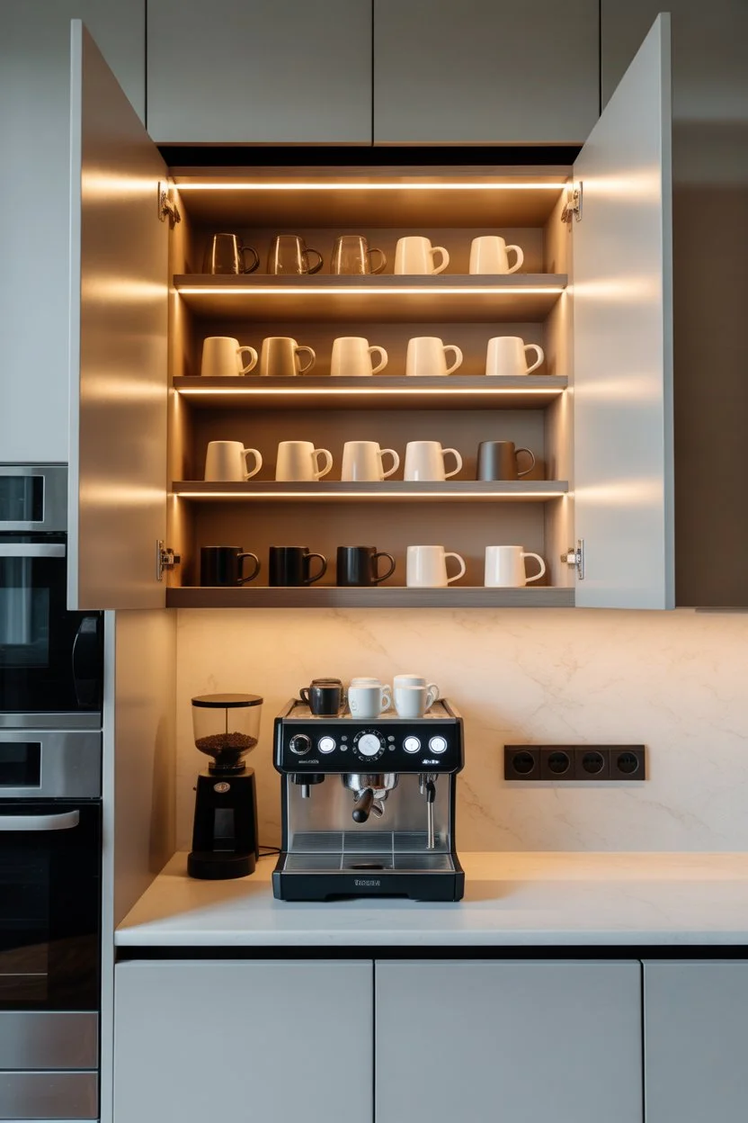 Modern kitchen coffee bar with espresso machine and mug shelves