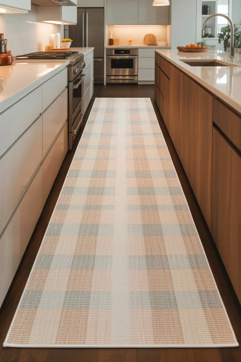 A modern kitchen featuring a long runner rug in neutral tones, showcasing kitchen rug trends 2026 for stylish and functional interiors