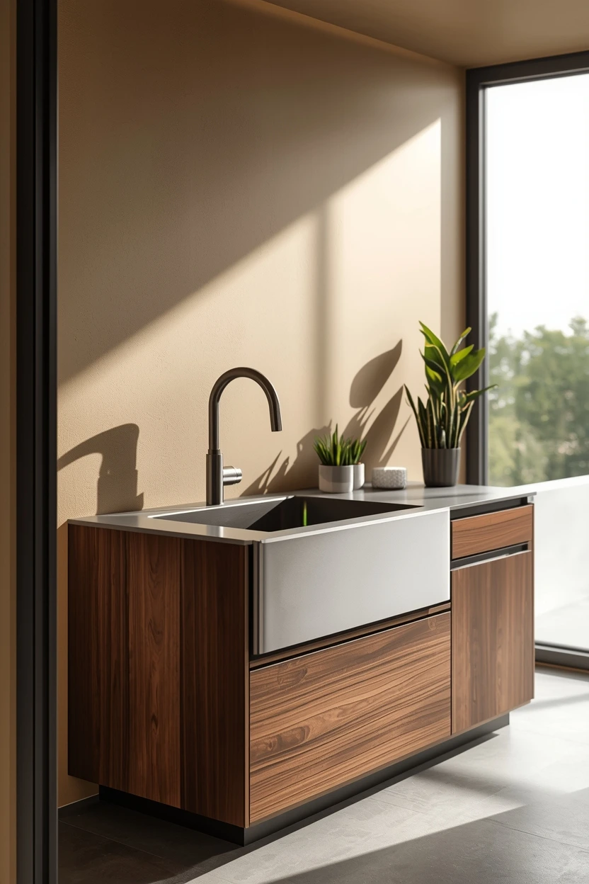 : Modern kitchen sink with wood cabinets and natural light