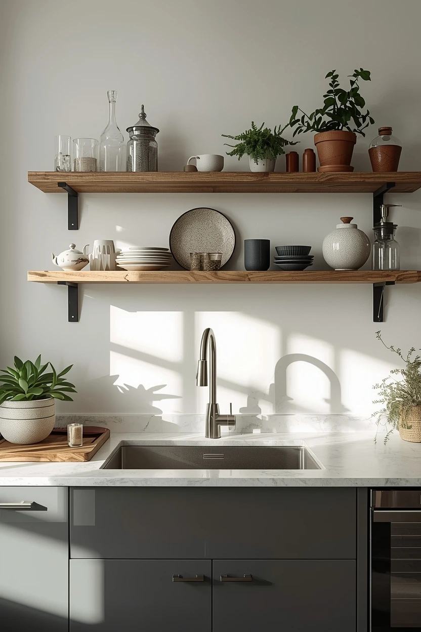 Modern kitchen sink with open wooden shelves and indoor plants