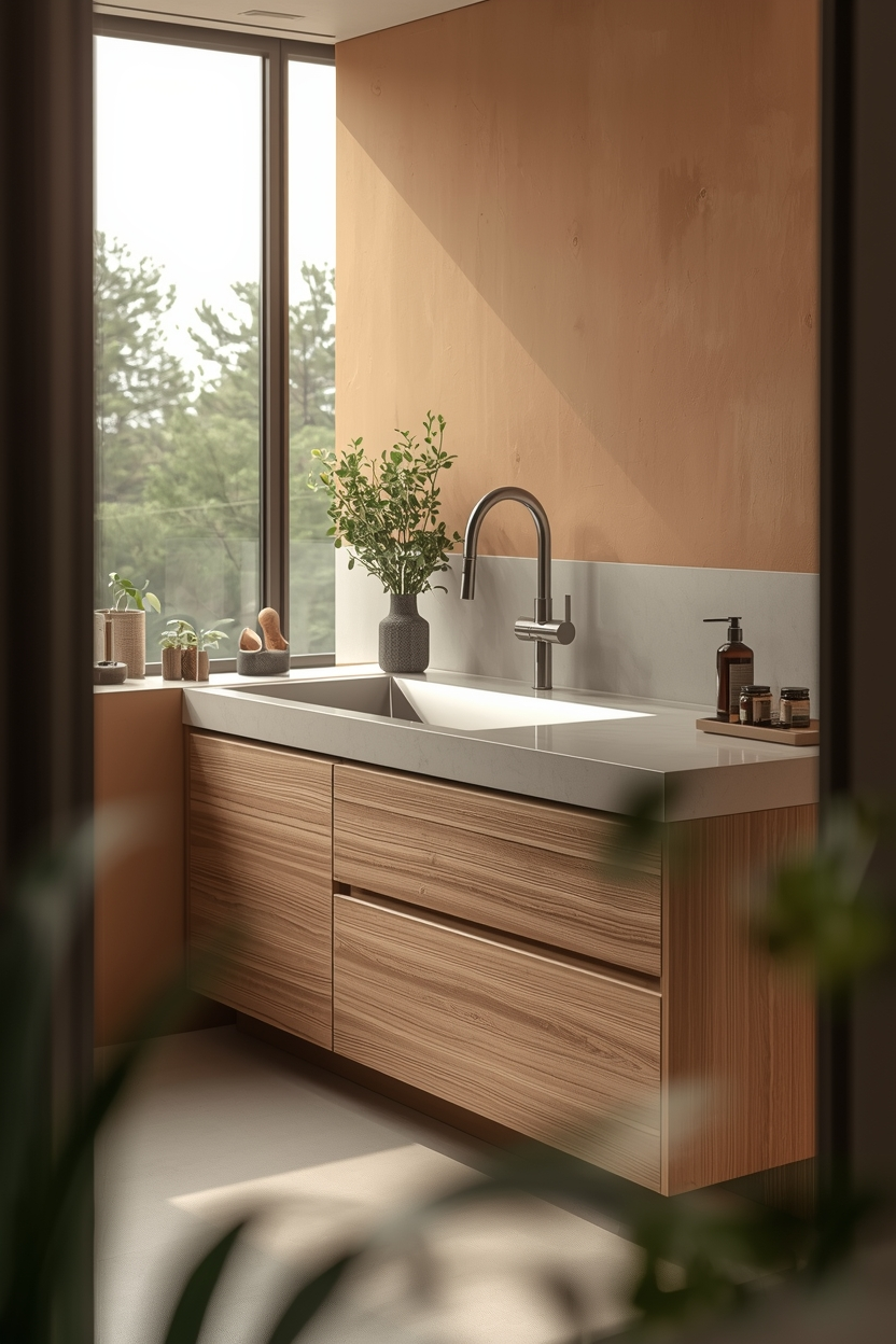 Modern utility sink with wooden cabinet and minimalist style