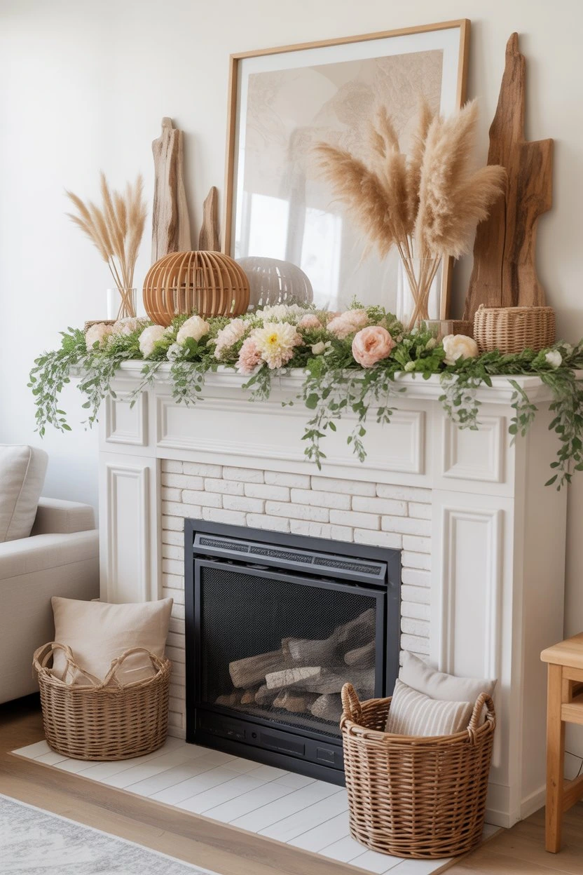 Spring mantel decorated with natural wood elements, greenery, and pastel accents for a cozy and elegant fireplace look