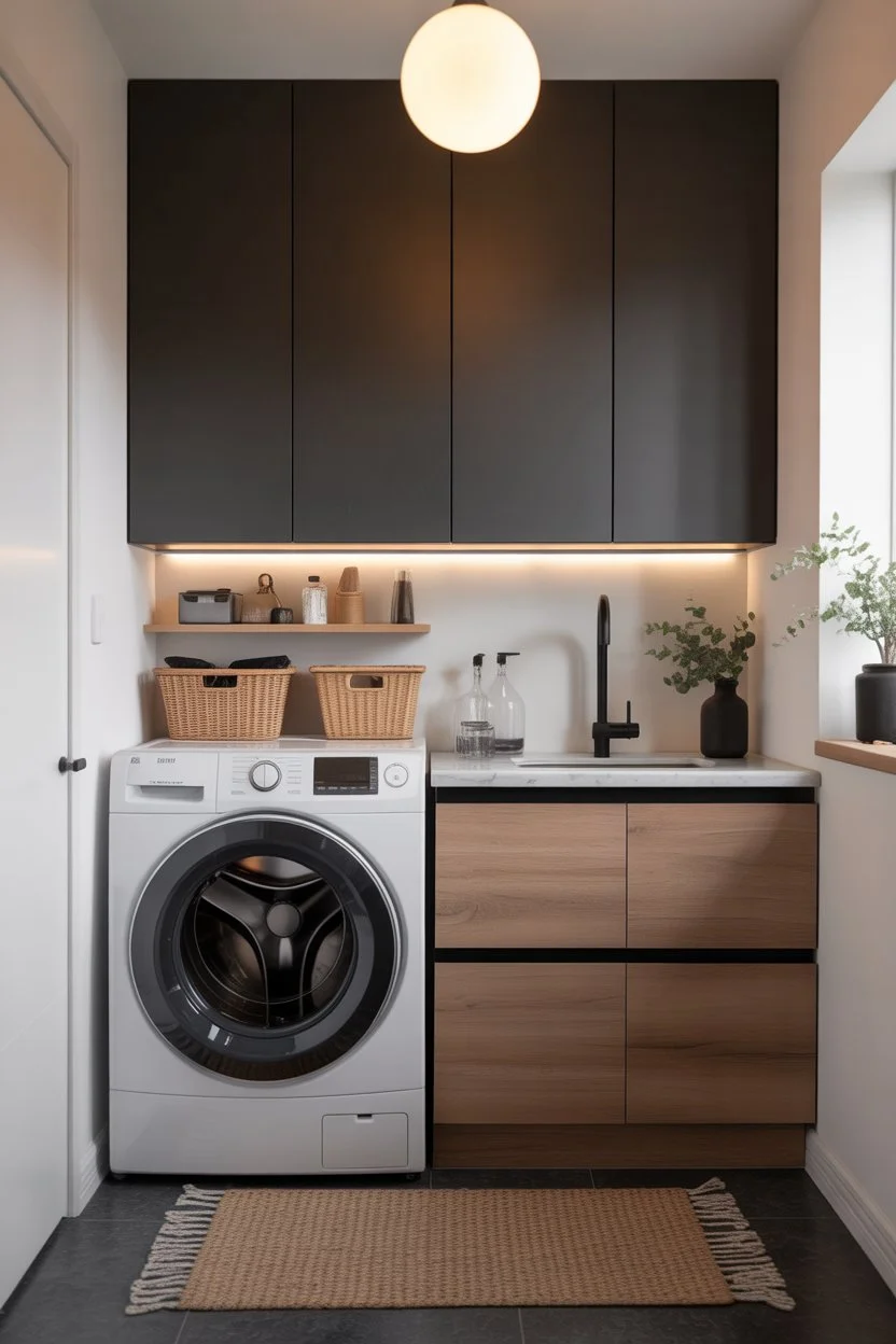Small laundry room with top-load washer and vertical wall shelves