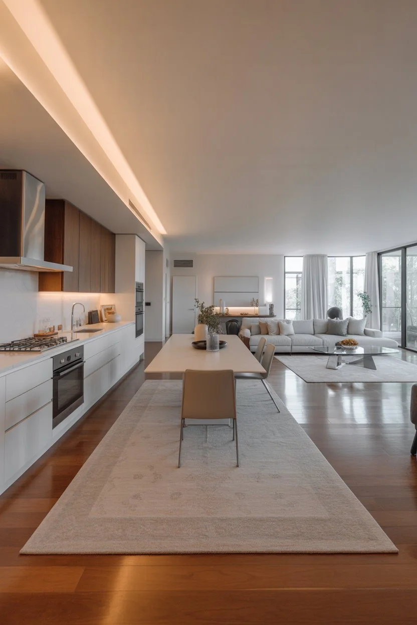 Open concept kitchen and living room with a neutral area rug, creating a modern, elegant, and cozy home layout.