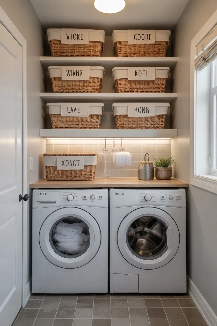 Labeled cabinets helping maintain an organized and clutter free laundry room