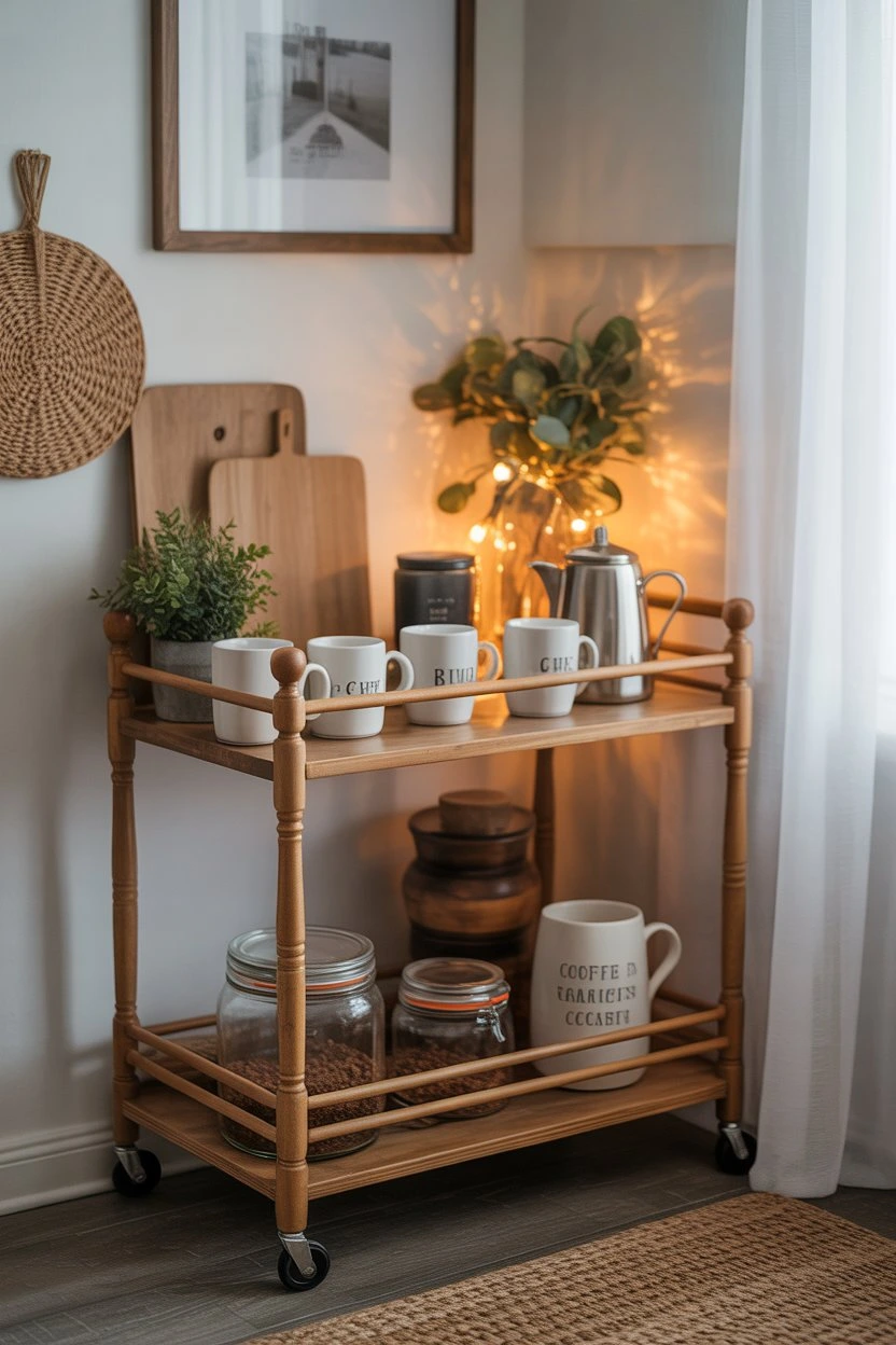 Rolling coffee bar cart with wooden shelves and concealed storage