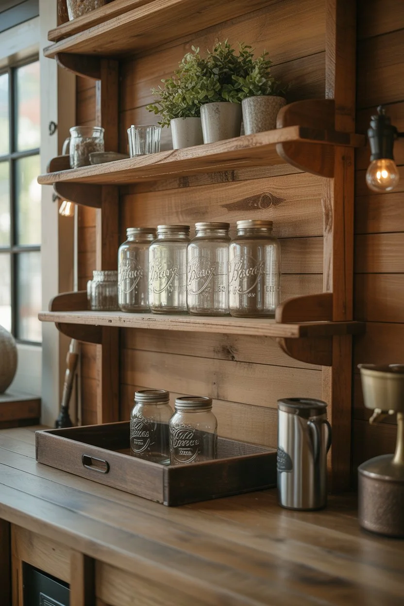 Rustic farmhouse coffee bar with wooden shelves and glass jars