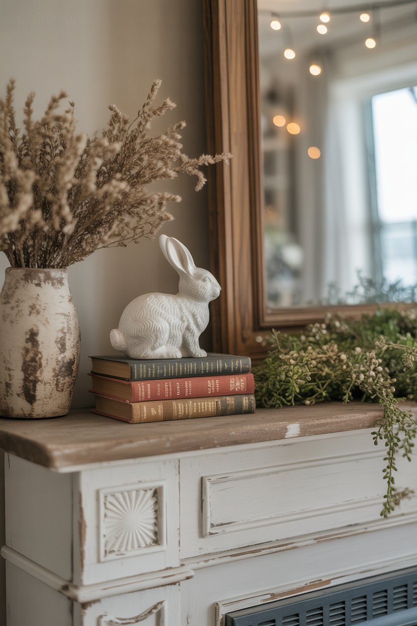 Ceramic bunny on stacked vintage books, farmhouse mantel
