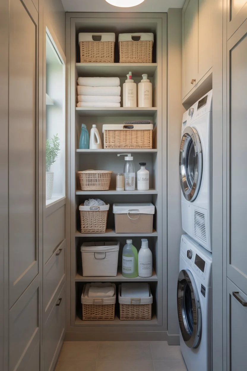 Slim tall storage cabinets designed for narrow small laundry rooms