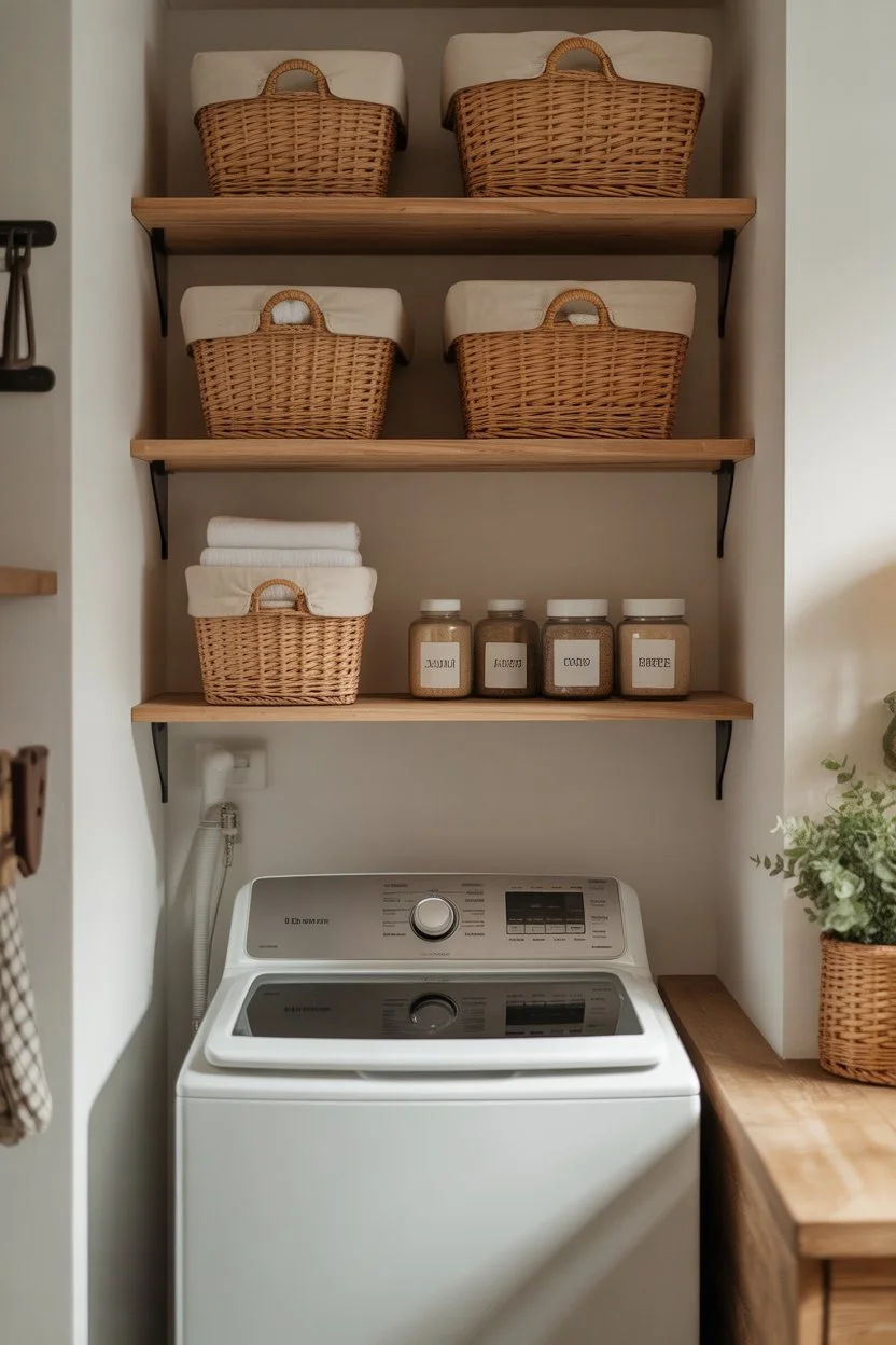 Fold-down countertop in small laundry room with top-load washer
