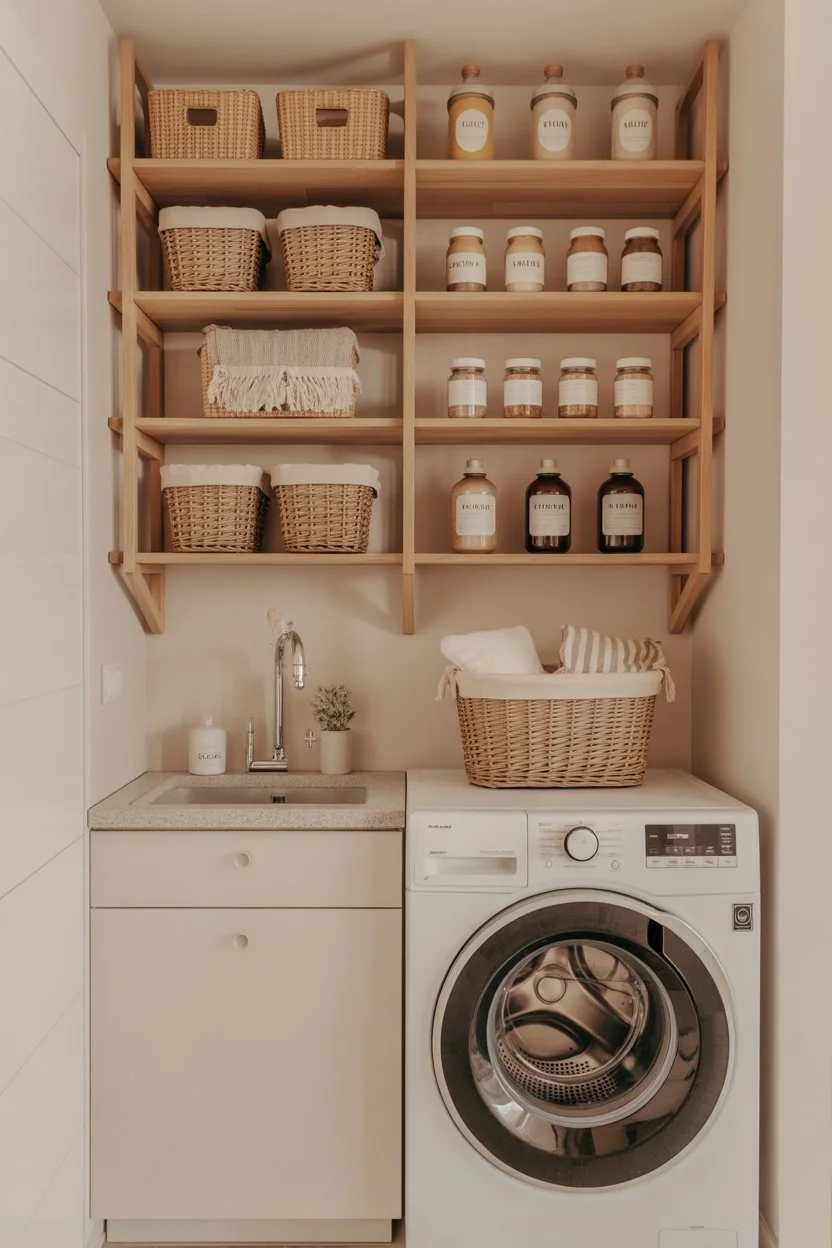 Slim cabinets above top-load washer in small laundry room