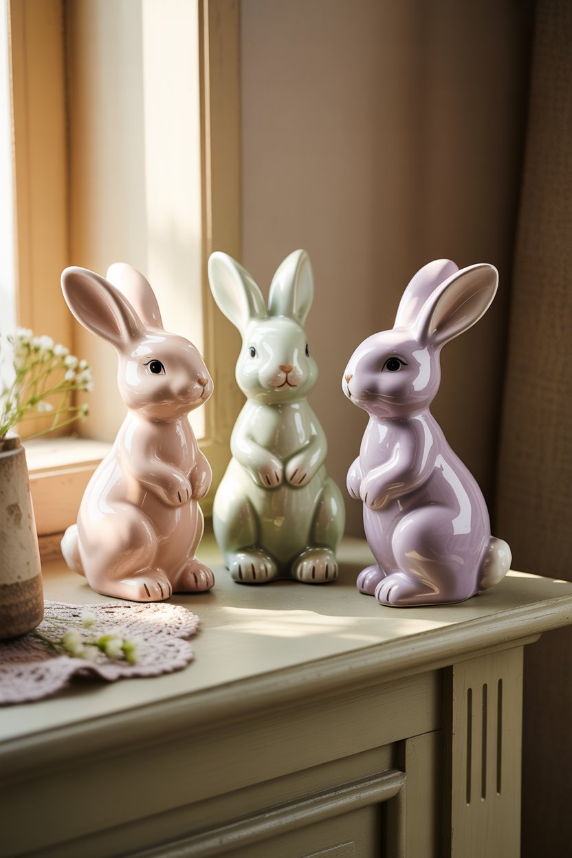 Ceramic bunny trio styled on a small Easter mantel decor.
