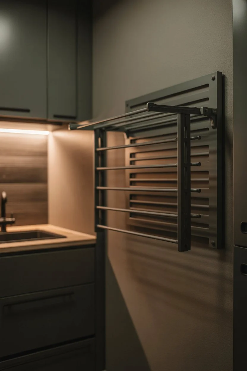 Fold-down drying rack in a small laundry room