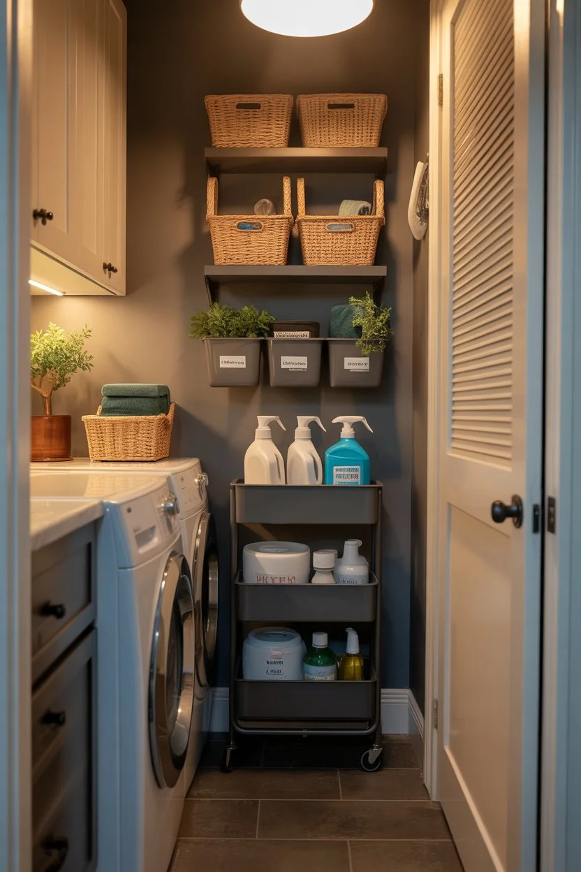 Slim rolling cart storage in small laundry room
