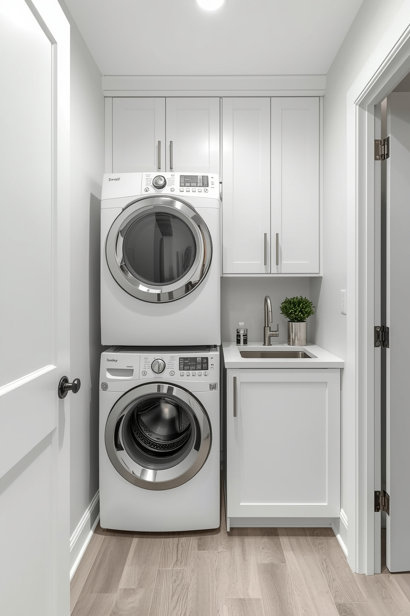 mall laundry room with stacked washer dryer and built-in sink