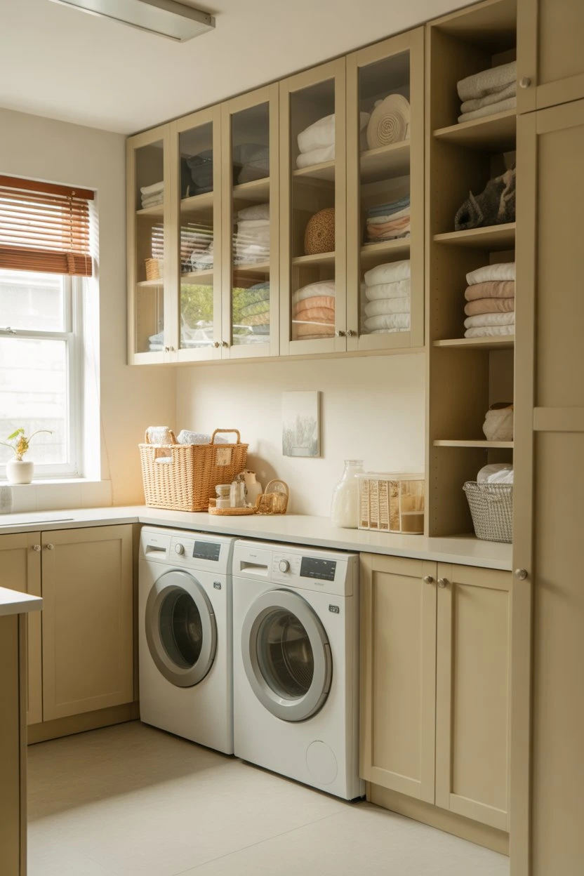 Glass front cabinets adding light and openness to a small laundry room