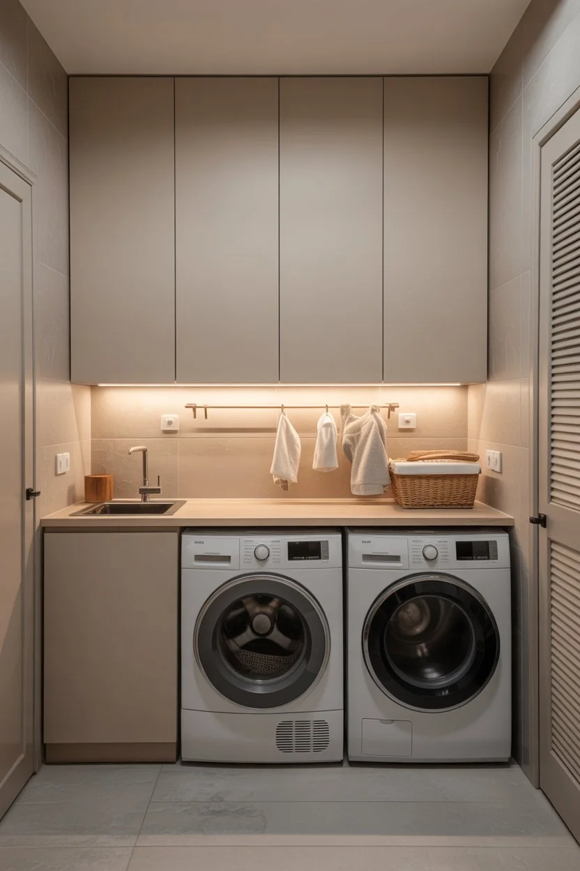 Seamless hidden cabinets creating a clean and clutter free laundry room