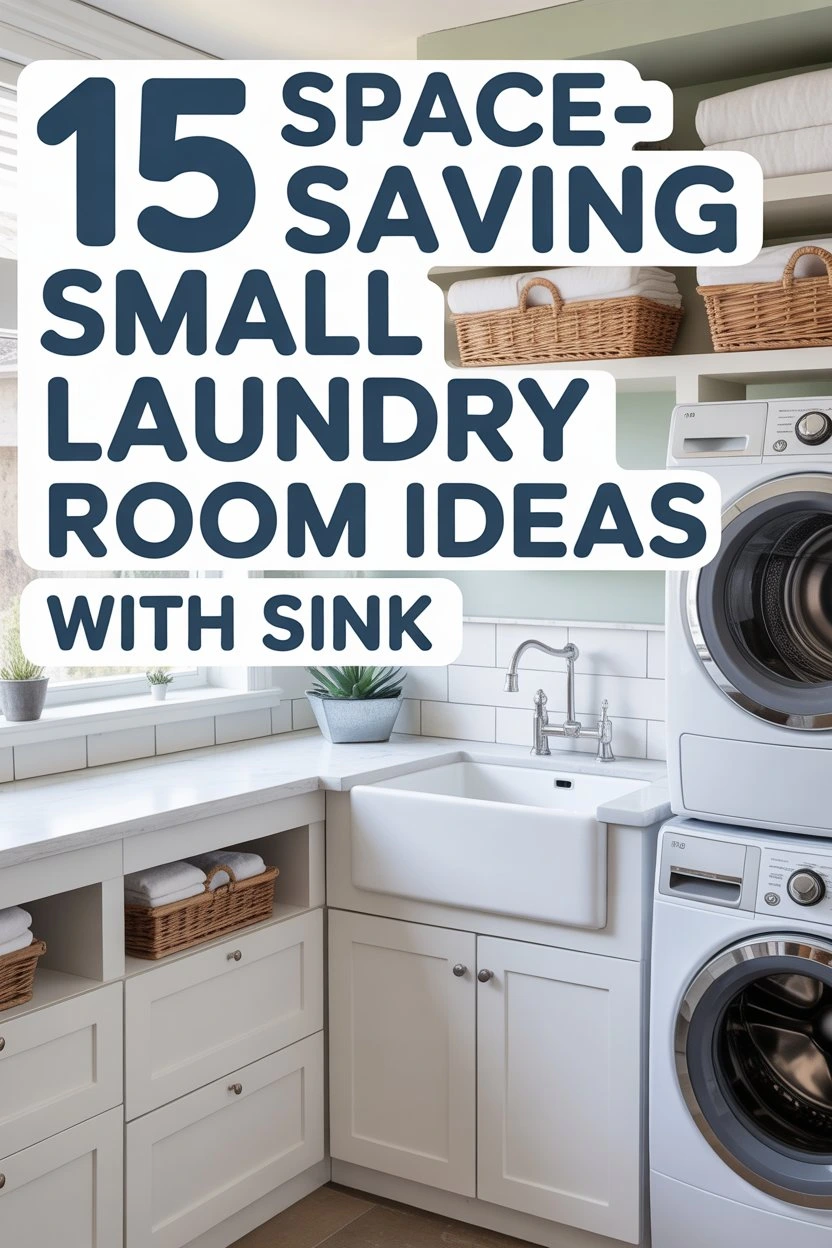Small laundry room with sink, storage cabinets and stacked washer dryer