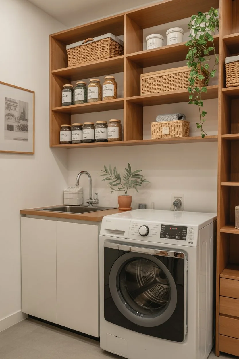 Woven baskets used for laundry storage in small room