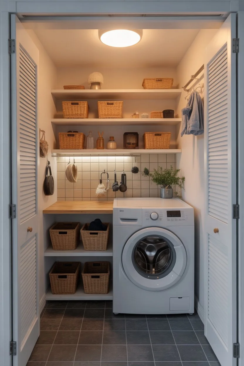 Bright small laundry room with top-load washer and light colors
