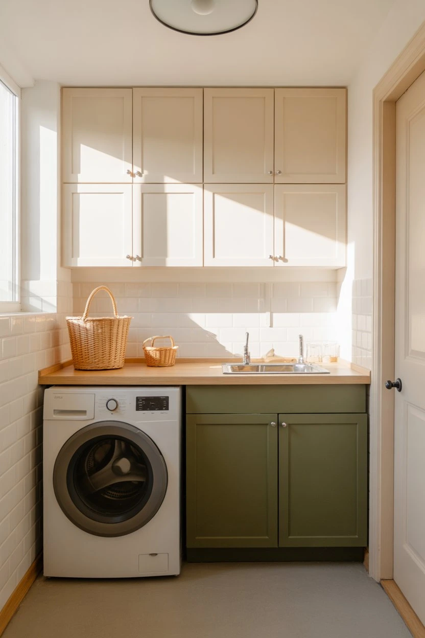 Two tone cabinet color scheme creating contrast in a small laundry room