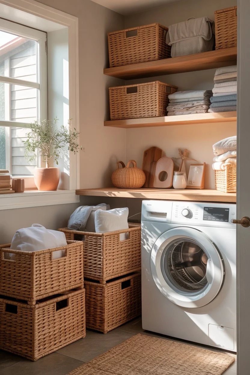 Rolling cart with laundry supplies in small laundry room