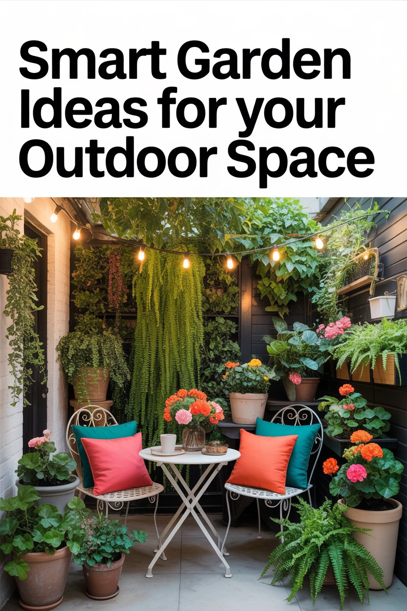 Cozy small patio garden with potted plants, string lights, bistro table, and cushions. Overlay text: SMART GARDEN IDEAS FOR YOUR OUTDOOR SPACE