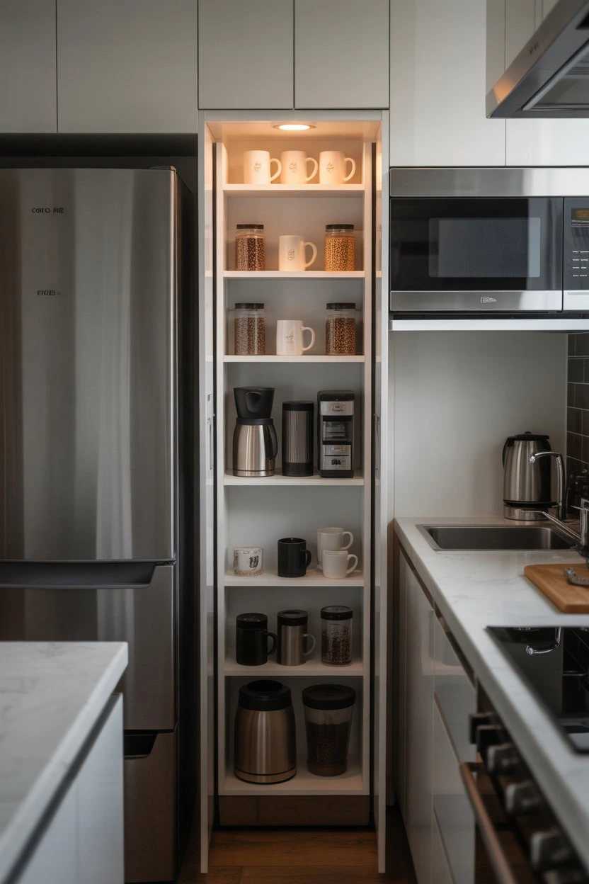 Slim coffee station pantry cabinet with mugs, coffee jars, and small appliances in a modern kitchen.