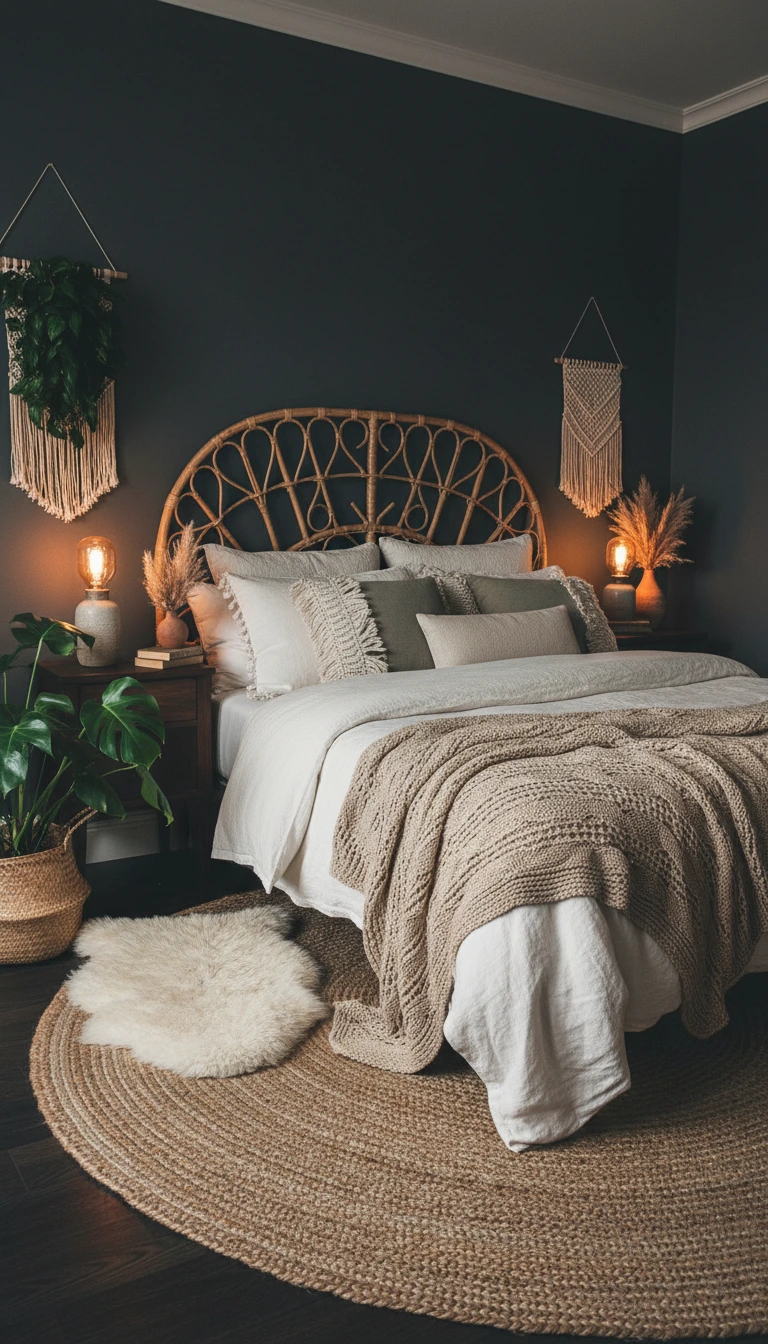 Dark boho bedroom with charcoal walls and rattan headboard