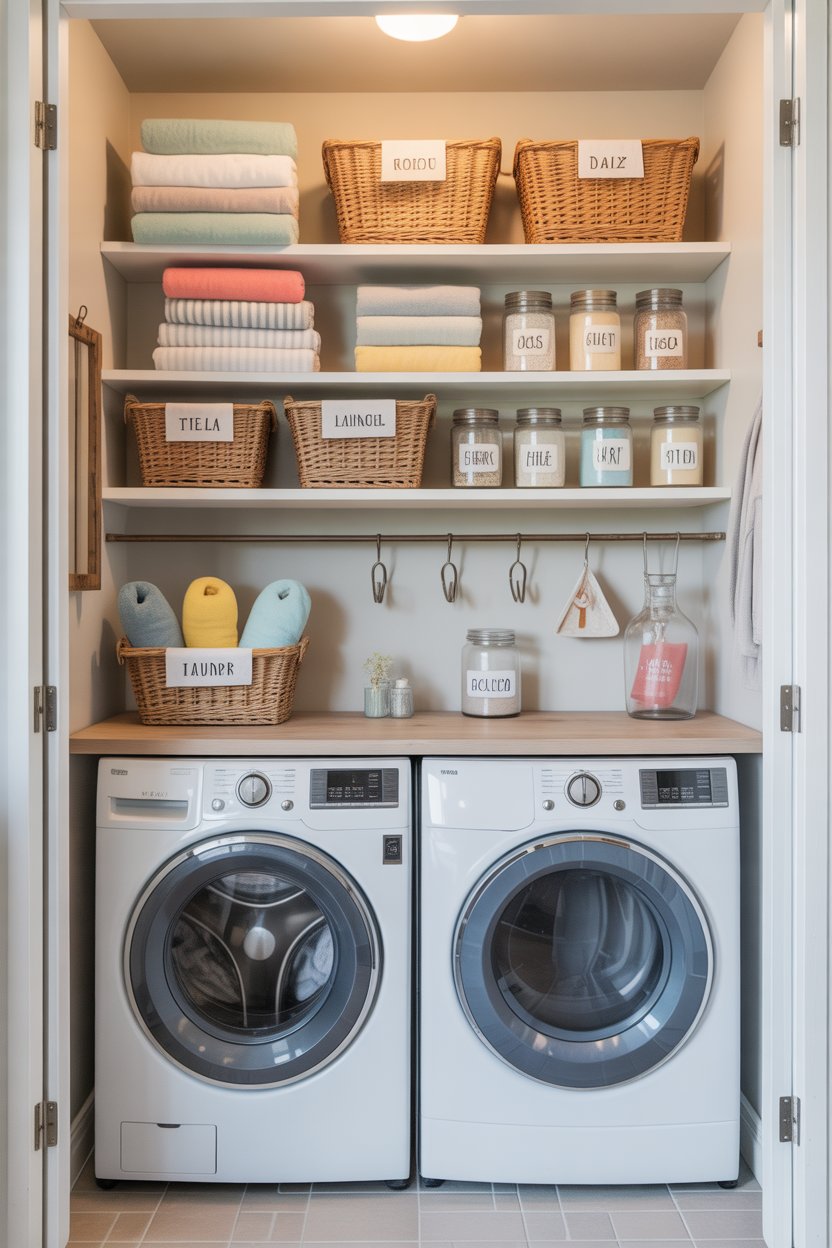 Vertical wall storage idea for a compact laundry room featuring tall cabinets, floating shelves, colorful storage bins, plants, and a stylish organized setup