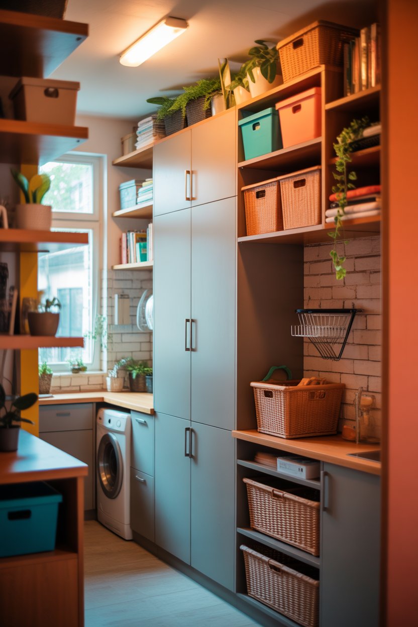 Use vertical space for storage in a small laundry room with floor-to-ceiling shelves, colorful baskets, folded towels, and neatly organized laundry supplies in a bright modern interior
