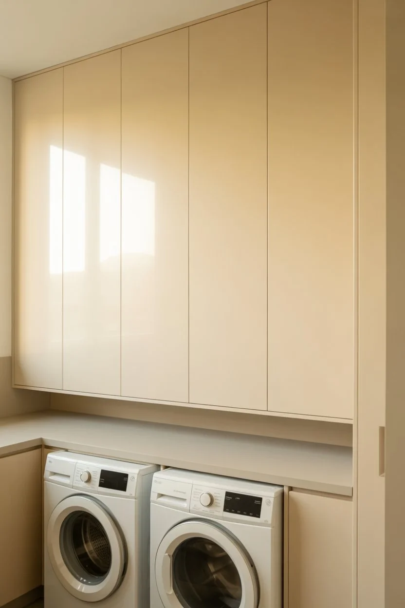 Wall to ceiling cabinets maximizing vertical storage in a small laundry room