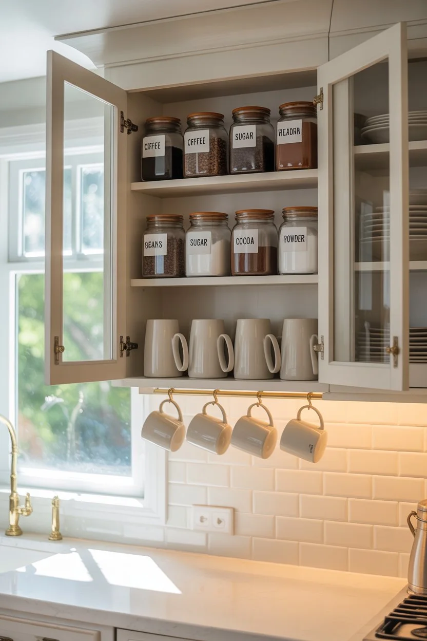 White kitchen coffee cabinet with labeled jars and hanging cups