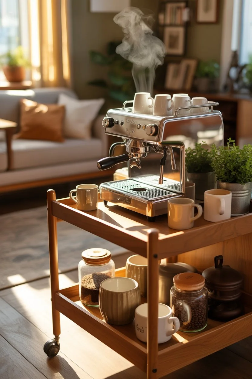 wooden coffee cart with espresso machine at home