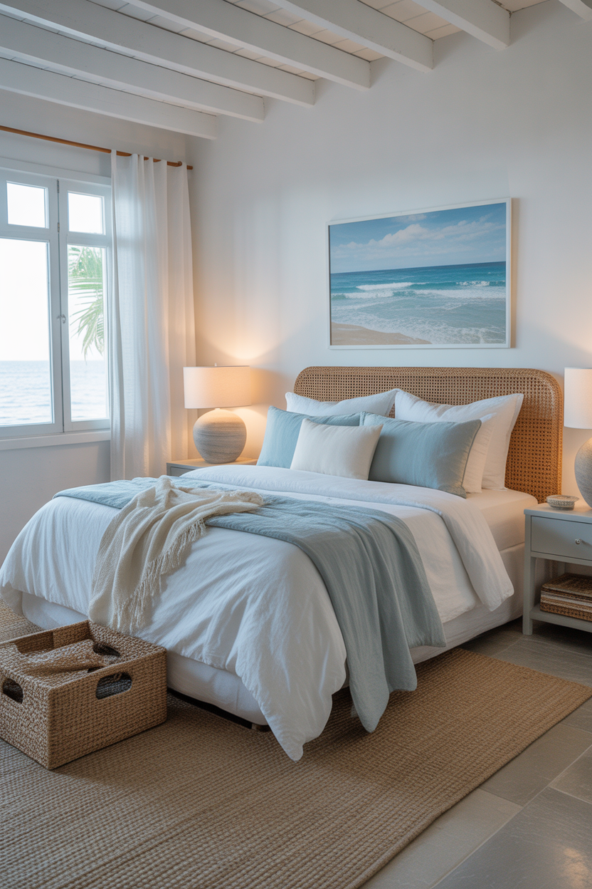 Coastal bedroom with light blue accents