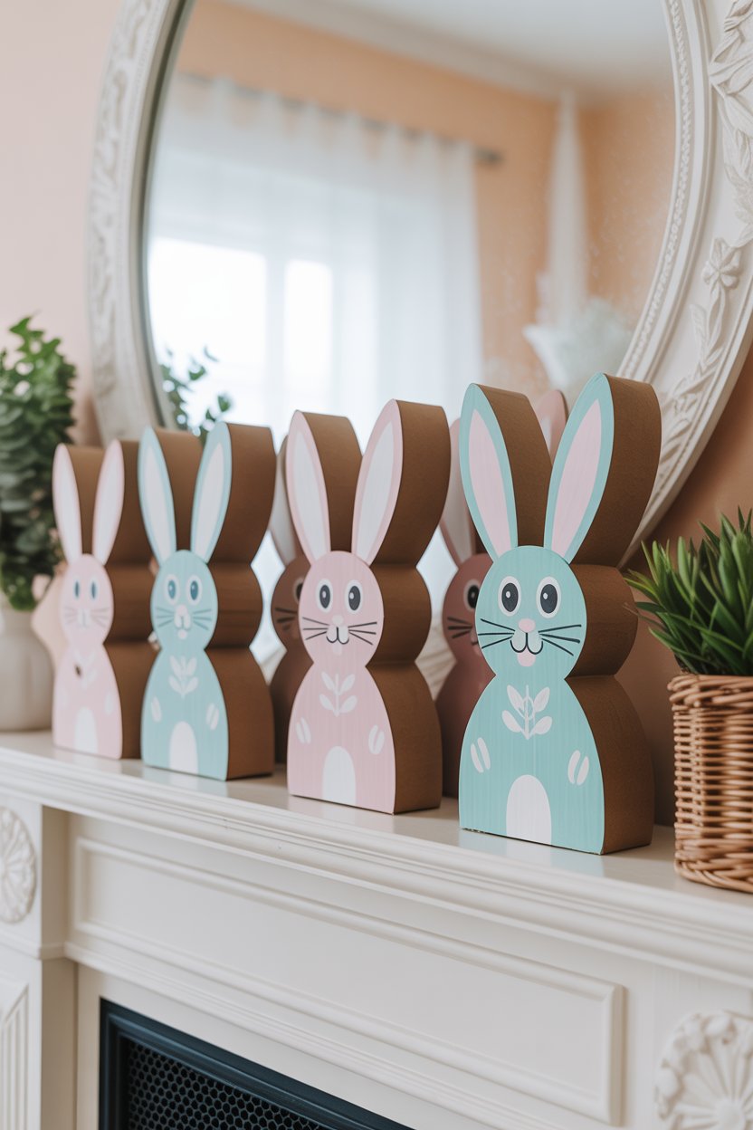 Handmade bunny decor on Easter mantel