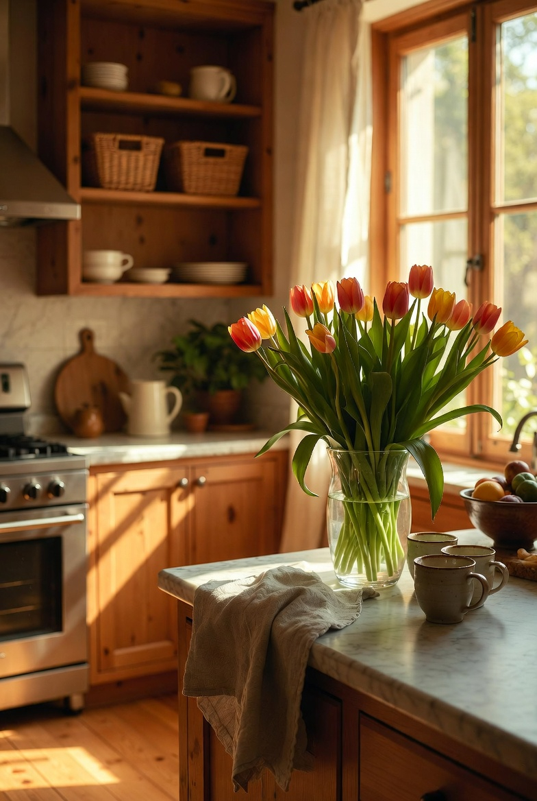 rustic farmhouse spring kitchen decor with wood textures