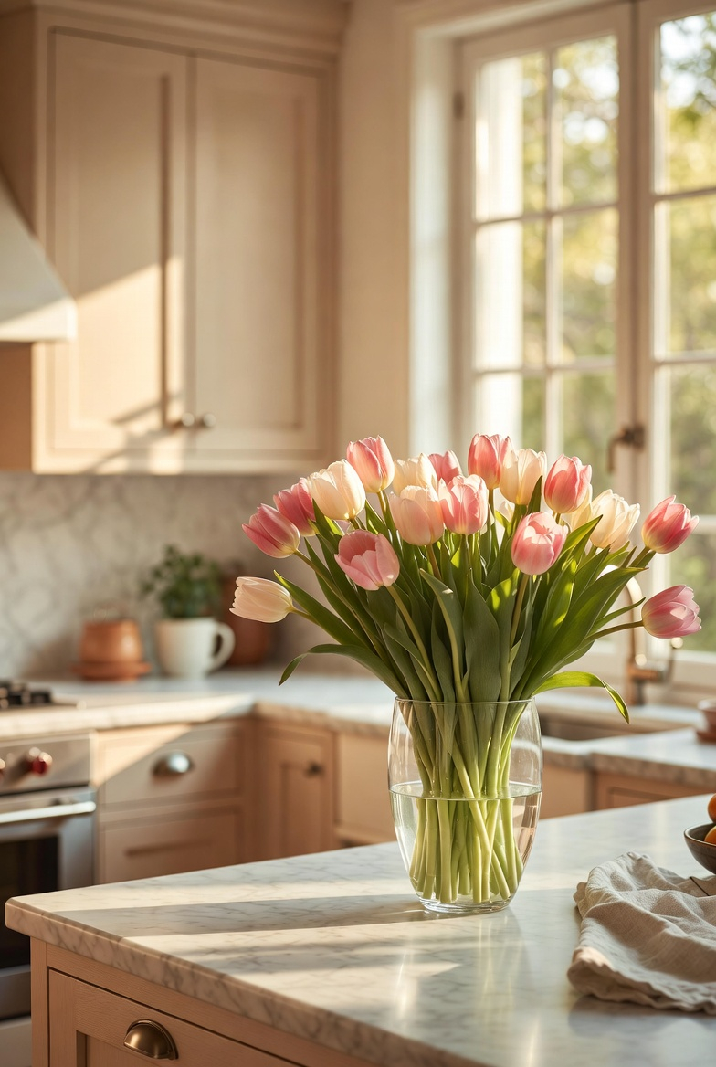 tulips in a vase on the kitchen counter, spring decor